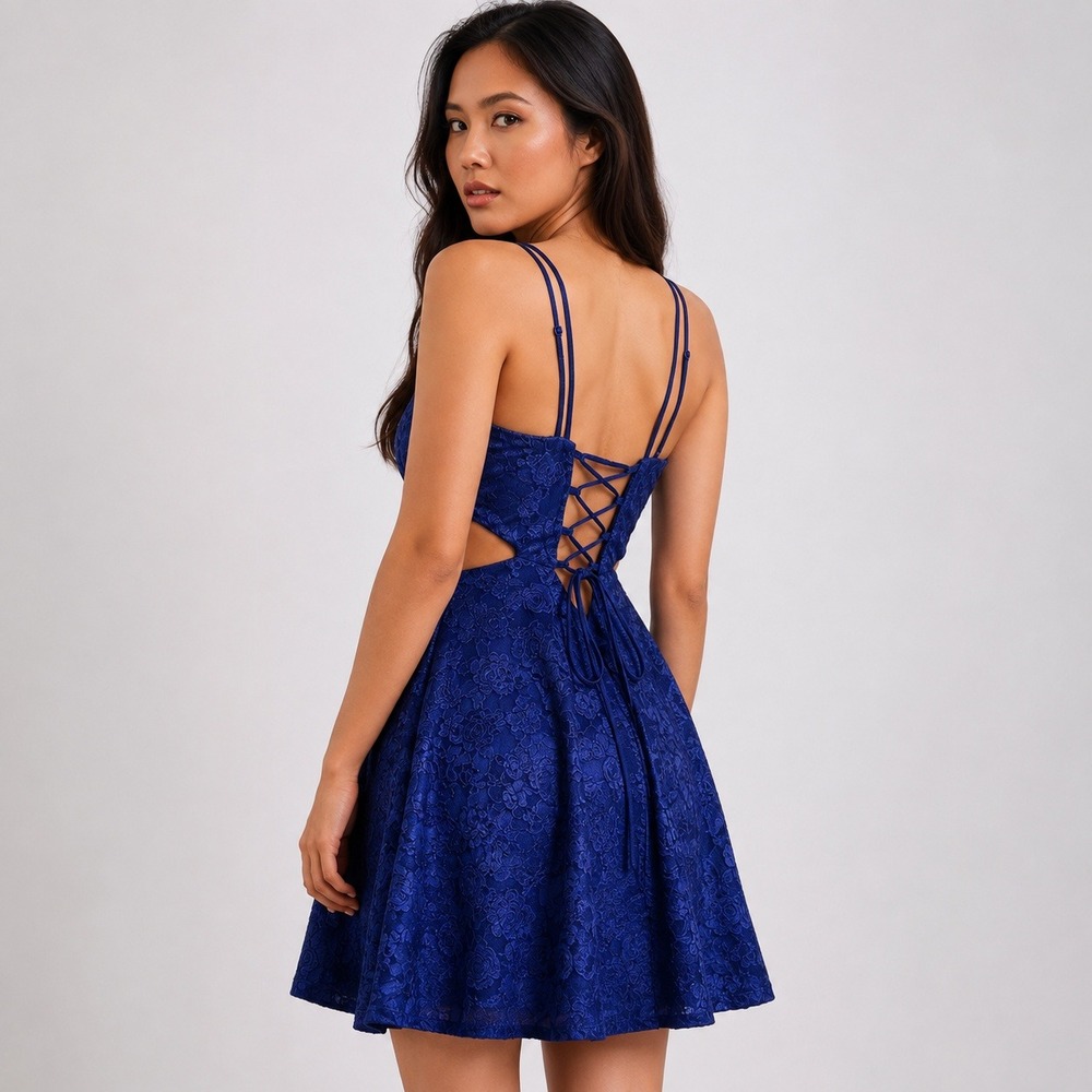 Lucy in the Sky Blue Jacquard Dress L Lace Up Open Back Cutout Y2K Coquette